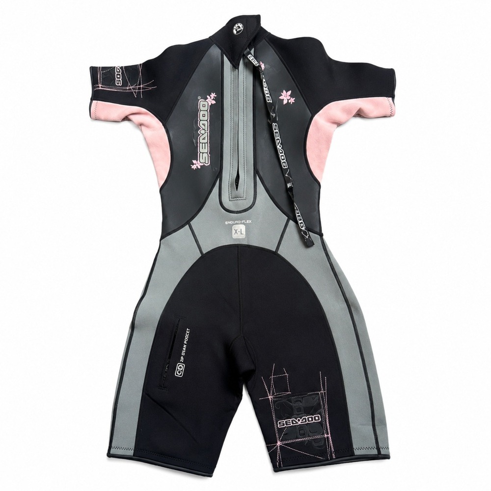 Sea-Doo Womens Shorty Wetsuit Black Peach Grey Floral Zip Pocket SD8118 9/10